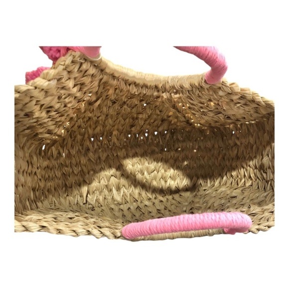 Wicker style straw natural basketweave pink knit pompom oversized beach tote new - Picture 13 of 16